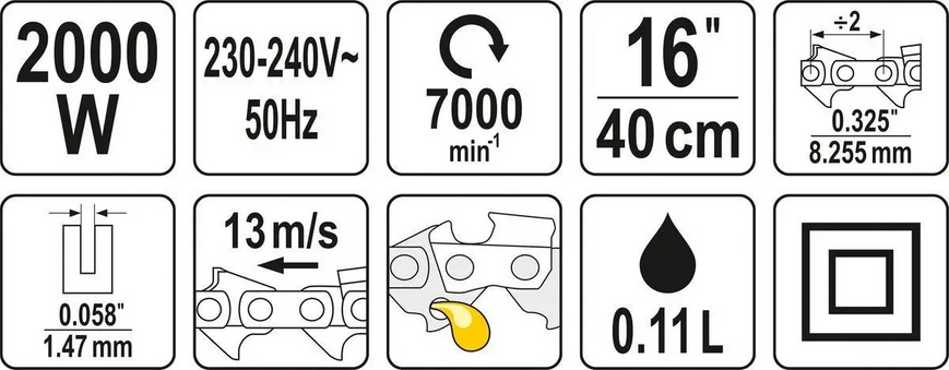 ПИЛА ЛАНЦЮГОВА ЕЛЕКТРОМЕРЕЖЕВА 230 В YATO: 2 КВТ, ШИНА- 16"/40 СМ YT-84870 фото