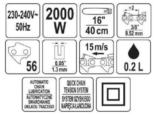 ПИЛА ЛАНЦЮГОВА ЕЛЕКТРОМЕРЕЖЕВА 230 В YATO: 2 КВТ, ШИНА- 16"/40 СМ, 56 ЛАНОК YT-84871 фото