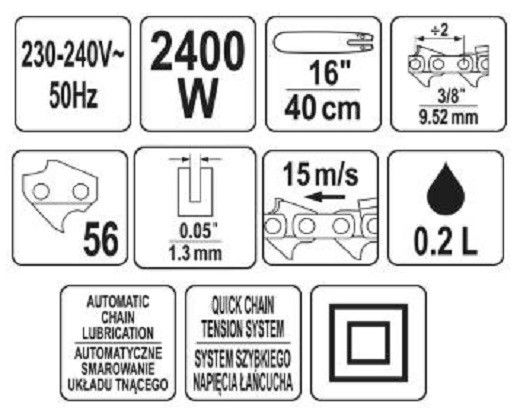 ПИЛА ЛАНЦЮГОВА ЕЛЕКТРОМЕРЕЖЕВА 230 В YATO: 2,4 КВТ, ШИНА- 16"/40 СМ, 56 ЛАНОК YT-84872 фото
