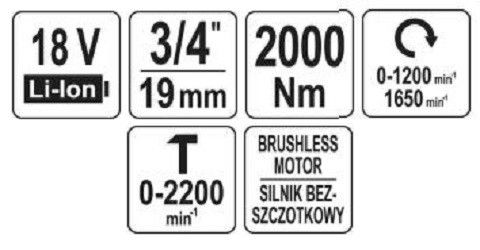 ГАЙКОВЕРТ УДАРНИЙ АКУМУЛЯТОРНИЙ YATO: 18 В, КВАДРАТ 3/4", 2200 НМ, ПЕРЕХІДНИК 3/4" В 1/2" (БЕЗ АКУМУЛЯТОРА YT-828076 фото