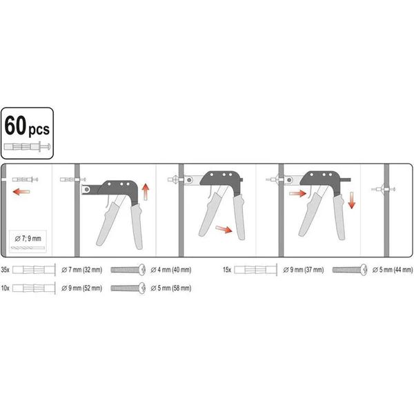 Заклепочник дюбелів "Molly" YATO з 60 дюбелями YT-51451 фото