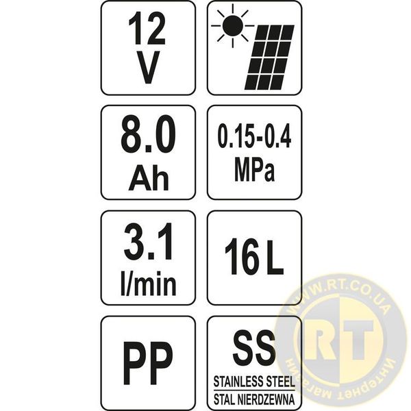 ОПРИСКУВАЧ АКУМУЛЯТОРНИЙ YATO РАНЦЕВИЙ, 12 В, 8 АГОД, 16Л, ПРОДУКТИВНОСТЬ- 3.1 Л/ХВ(СОНЯЧНА БАТАРЕЯ) YT-86220 фото