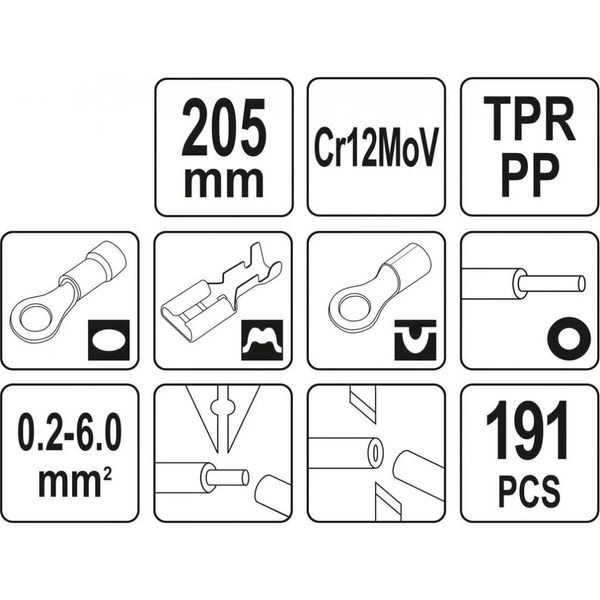 КЛІЩІ ДЛЯ ОБТИСКАННЯ І ЗАЧИСТКИ ПРОВОДІВ YATO, L=205ММ, 0,2-6ММ², З НАКОНЕЧНИКАМИ, 191 ЕЛЕМ YT-23133 фото