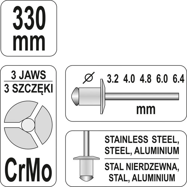 Заклепочник дворучний YATO для нітів Ø=3,2; 4; 4,8; 6; 6,4 мм, l= 330 мм YT-3609 фото