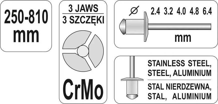 Заклепочник "гармошка" YATO для нітів Ø=2.4; 3.2; 4.0; 4.8; 6.4 мм, l=240-810 мм YT-36060 фото