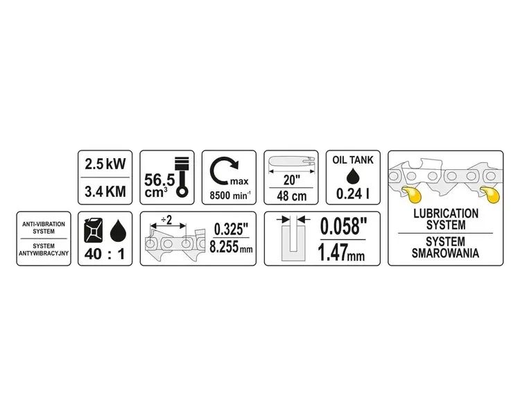 БЕНЗОПИЛА ЛАНЦЮГОВА YATO; 56,5 СМ³, 2,5 КВТ, ШИНА- 20" (48 СМ) YT-84910 фото